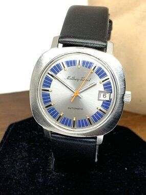 Mathey-Tissot Men's Watch Vintage Swiss Automatic Blue Silver Black Leather Band